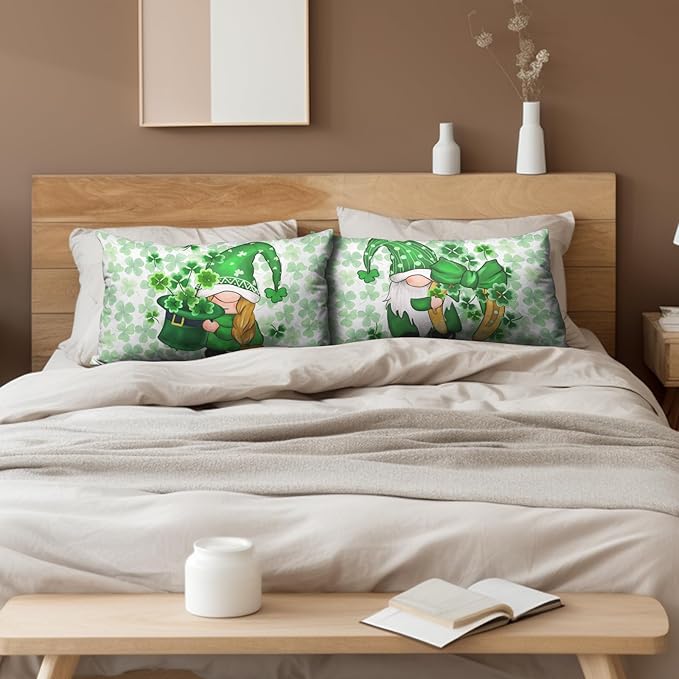 St Patricks Day Gnomes Lumbar Pillow Covers 12x20 Set of 2 Green Lucky Shamrock Decorative Pillow Cover St. Patrick's Clovers Bow Hat Cushion Cases Spring Rustic Outdoor Pillowcase for Couch Sofa