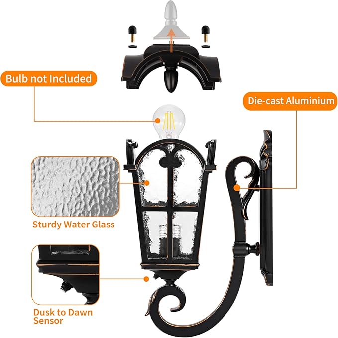 Black Roman Outdoor Light Fixture, 17.7"H Dusk to Dawn Outdoor Lighting Wall Light, Waterproof Outside Porch Light Wall Sconce, Exterior Wall Lantern Lamp with Water Glass for Garage Porch Doorway