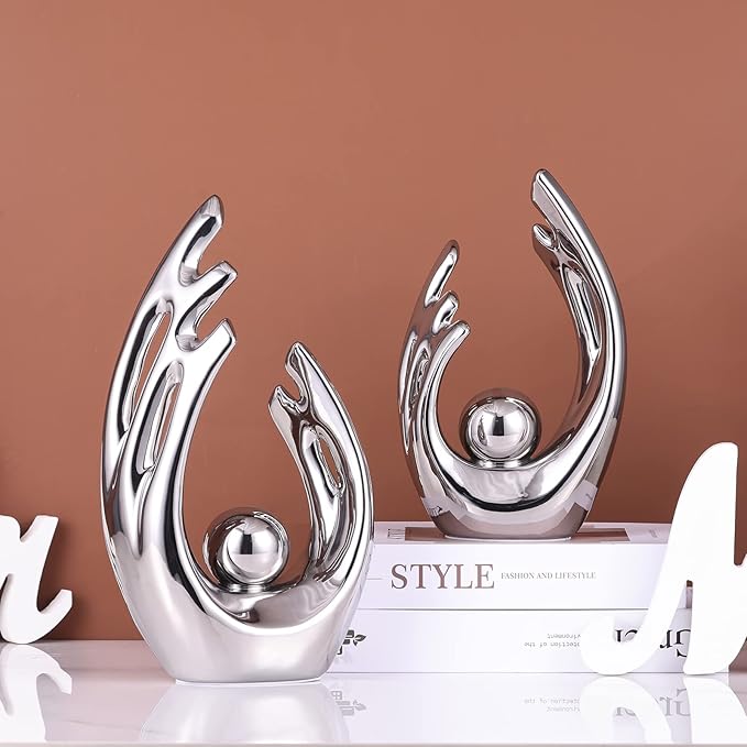 LCCCK 12" H Silver Aesthetic Room Decor Accent, TV Stand Funky Table Centerpiece, Abstract Art Ceramic Statue and Sculpture, Silver Decor for Living Room, Bookshelf Decorative Objects, Shelf Decor