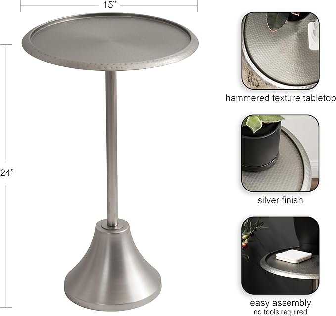 Kate and Laurel Sanzo Modern Pedestal Side Table, 15 x 15 x 24, Antique Silver, Decorative End Table with Hammered Tabletop for Use as a Bedroom Nightstand or Living Room Accent Table