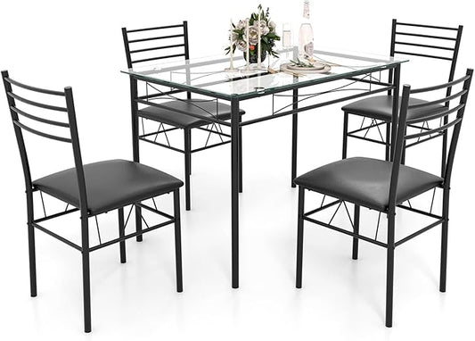 NAFORT 5-Piece Dining Table Set for 4, Modern 3/8'' Tempered Glass Kitchen Room Table with 4 Upholstered Dining Chairs, Space-Saving Dinette Tables with Metal Frame for Apartment, Office