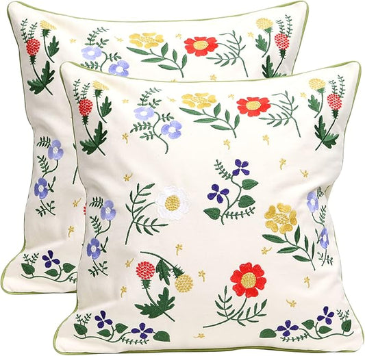 Set of 2 Embroidered Decorative Throw Pillow Covers Couch Square Pillowcases Cushion for Bedroom Sofa Farmhouse Decor 18x18 Inch (Flower-C)