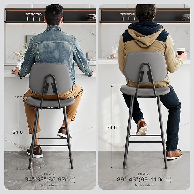 29-Inch Leather Bar Stools Set of 3, Counter Height Barstools with High Backrest，Bar Chairs for Kitchen Island with Heavy Duty Metal Base, Gray