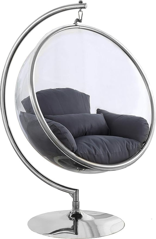 Meridian Furniture 507Grey Luna Collection Modern | Contemporary Clear Acrylic Accent Swing Chair with Durable Metal Base and Fabric Seat, Grey, Chrome Finish, 41.5" W x 29.5" D x 64" H