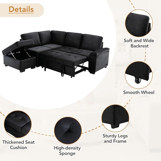 Merax Sofa Bed Sleeper Couch L Shaped Sofa with Storage Ottoman, L-Shape Sectional Couch with Comfortable backrest for Living Room and Small Apartment (Black)