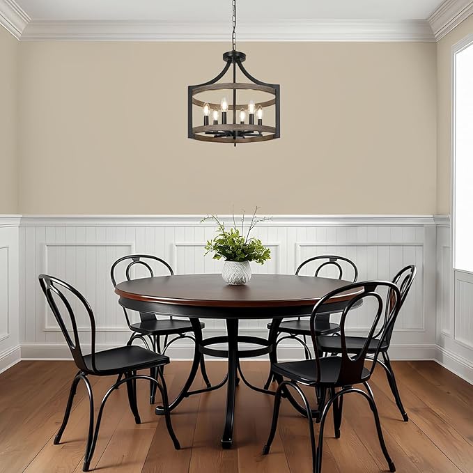 6-Light Farmhouse Chandelier, Rustic Semi Flush Mount Ceiling Light Modern Faux Wood Black Vintage Cage Hanging Pendant Light Fixture for Dining Room Kitchen Foyer Hallway Entryway Bedroom