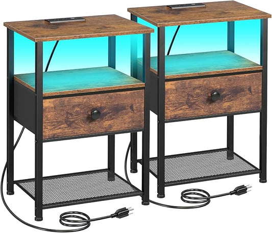 Night Stand Set 2, LED Nightstand with Charging Station, End Tables Living Room with Fabric Drawer for Small Spaces, Bed Side Tables with Storage Shelf for Bedroom, Brown, HETS01PBR
