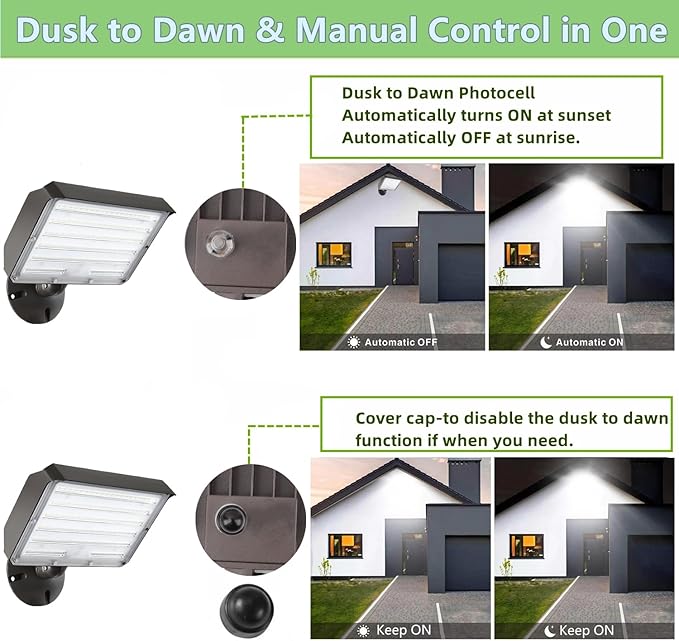 2Pack Dusk to Dawn Outdoor 100W LED Flood Light with Knuckle & Plate Mount, 3000K/4000K/5000K Color Selectable, ETL Commercial LED Security Lighting