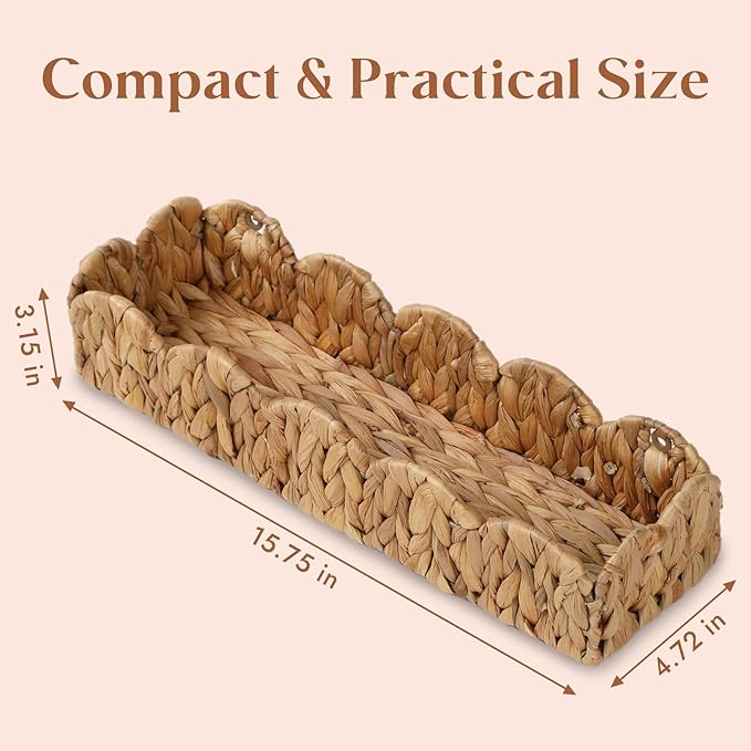 4 Pack Nursery Book Shelves, Scalloped Water Hyacinth Book Shelf for Kids Rooms, Handwoven Floating Book Shelves for Wall, 15.8” Wicker Hanging Bookshelf for Books, Toys, Photo Frames, Nursery decor