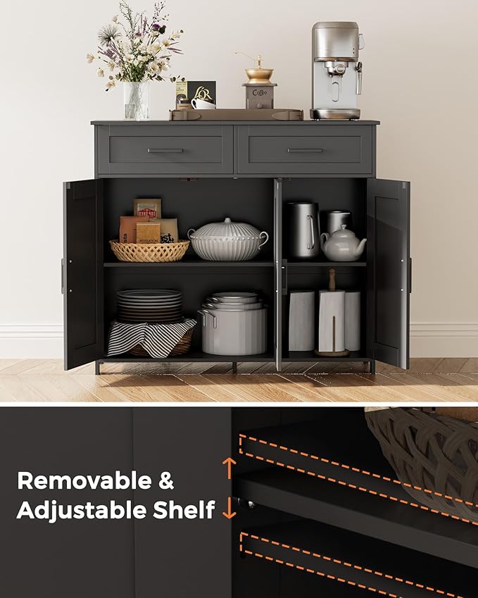 Homhedy Sideboard Buffet Cabinet, Coffee Bar Storage Cabinet with Drawers and Doors, Farmhouse Kitchen Cabinet with Adjustable Shelves, for Kitchen, Dining Room, Living Room, Black