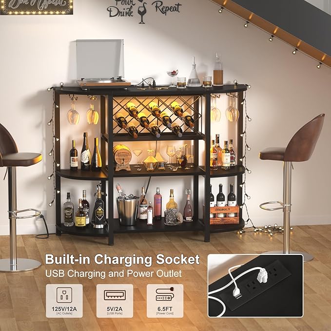 Unikito 4-Tier Metal Coffee Bar Cabinet with Outlet and LED Light, Freestanding Floor Bar Table for Liquor with Glass Holder and Wine Storage, Wine Table Bakers‘ Rack for Kitchen Dining Room, Black