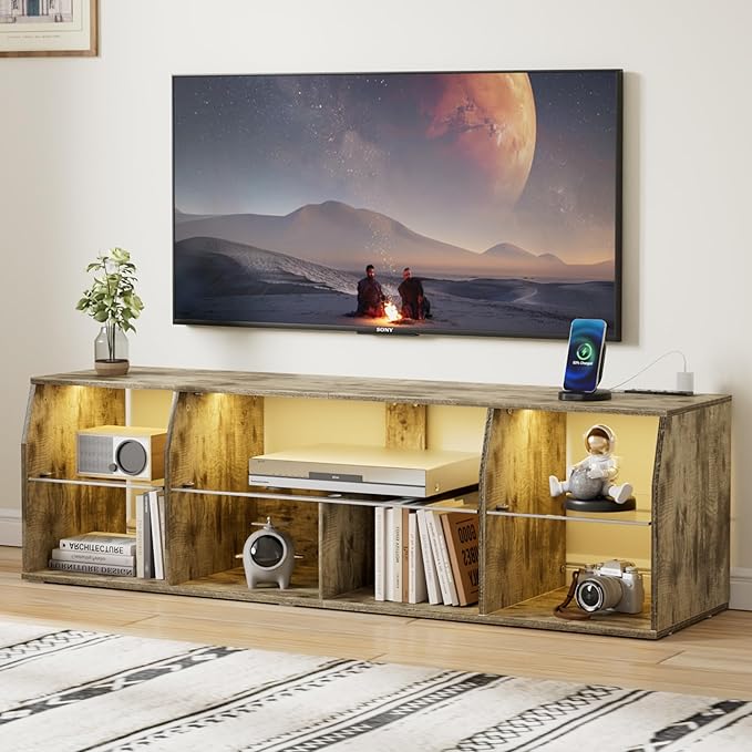 VECELO LED TV Stand with Lights & Power Outlet for 55 inch, Gaming Entertainment Center with 7 Open Storage Shelves, Industrial Television Cabinet for Living Room, Bedroom, Grey