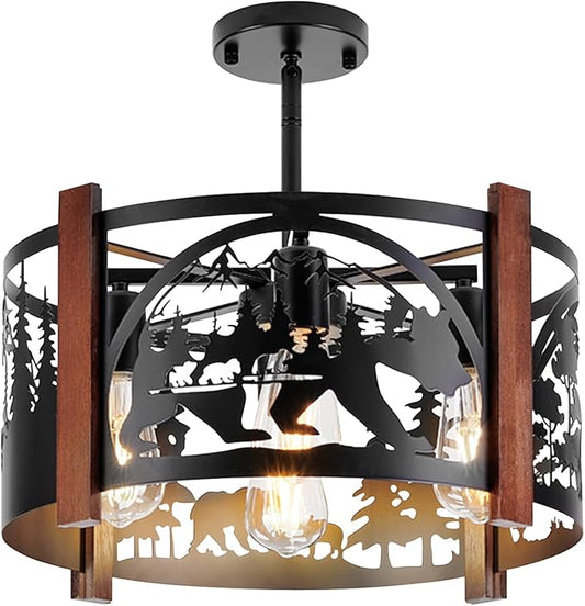 Farmhouse Rustic Bear Ceiling Light Fixtures, 4-Light Round E26 Base Black Metal Wooden Fixture for Kitchen, Living Room,Foyer, Bedroom, Hallway-‎16.5" L* 16.5" W * 11.8" H