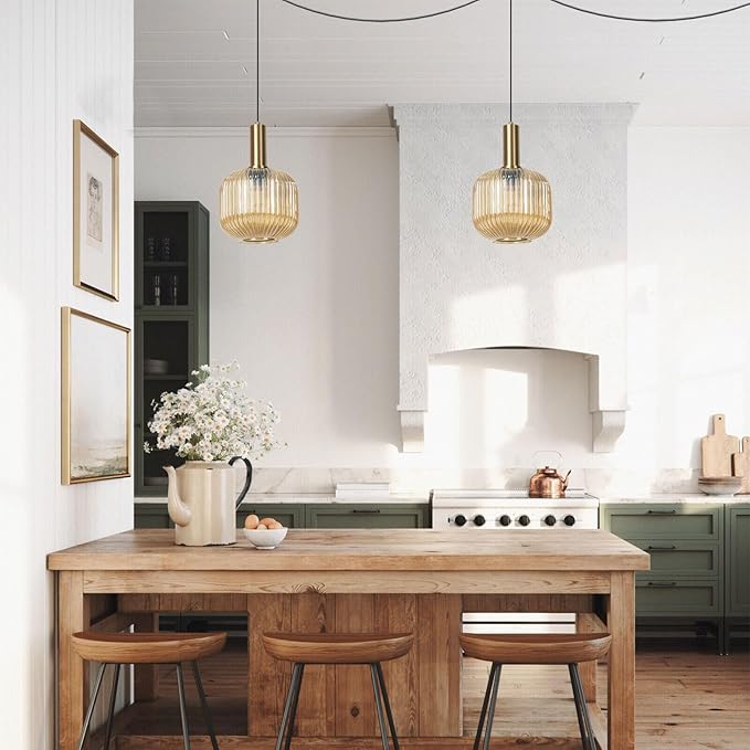 Plug in Light for Ceiling, Amber Glass Pendant Lights Gold Kitchen Island Hanging Lights Modern Mid Century Pendant Lights Globe Plug in Swag Lamps for Dining Room Living Room, 2 Pack
