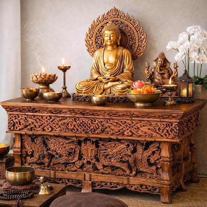 Tribe Azure Fair Trade Small Altar Table, Meditation Table Altar, Small Puja Table, Meditation Altar Wood Wiccan Buddhist, Tea Japanese, Low Side Dragon (Large)
