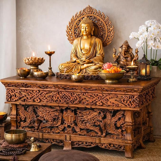 Tribe Azure Fair Trade Small Altar Table, Meditation Table Altar, Small Puja Table, Meditation Altar Wood Wiccan Buddhist, Tea Japanese, Low Side Dragon (Large)