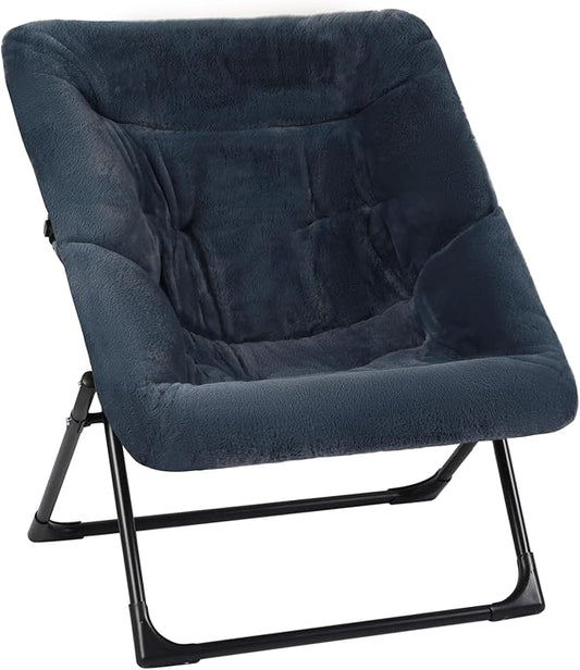 Comfy Saucer Chair for Adults, Soft Faux Fur Bedroom Chair, Accent Dorm Chairs, Flexible Living Room Reading Chairs, Oversized Folding Seat for Teens, X-Large, Navy Blue
