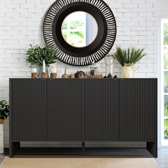 Fluted Sideboard with Doors & Shelves - Buffet & Credenza Storage - Under TV or Bedroom/Entryway Cabinet - Black
