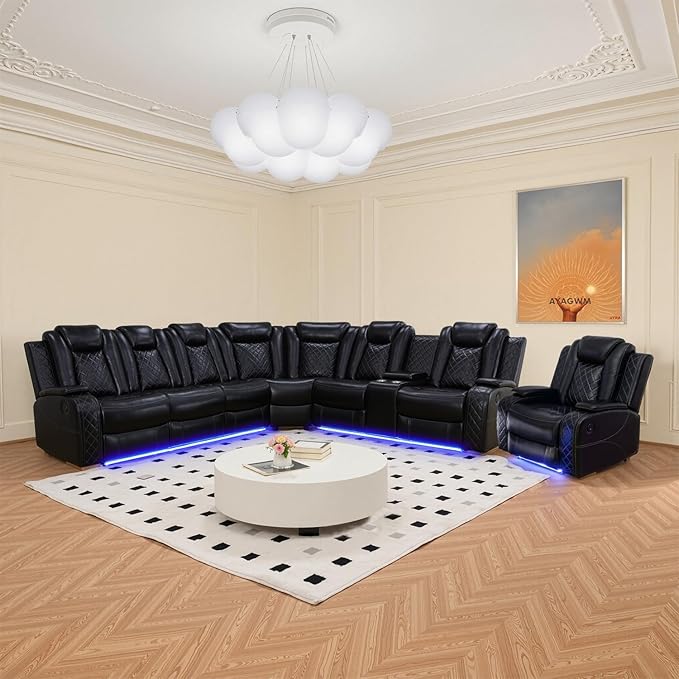 Power Reclinier Sectional Sofa Set,Black Leather Reclining Sectional Modular Sofa Set with Chair,L Shaped Leather Couch with LED Light for Living Room/House/Apartment/Lounge(L+Chair)