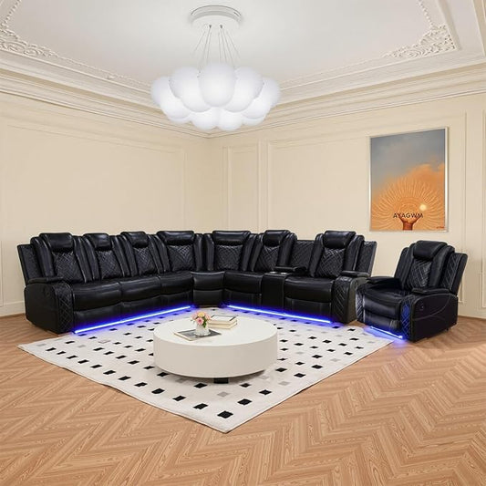 Power Reclinier Sectional Sofa Set,Black Leather Reclining Sectional Modular Sofa Set with Chair,L Shaped Leather Couch with LED Light for Living Room/House/Apartment/Lounge(L+Chair)