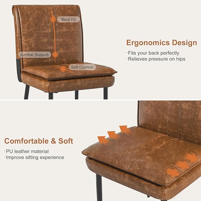 VECELO Upholstered PU Dining Chairs Set of 2, Kitchen Chairs with Padded Seat for Living Room, Dining Room, High Back and Steel Legs, Easy Assembly, Brown
