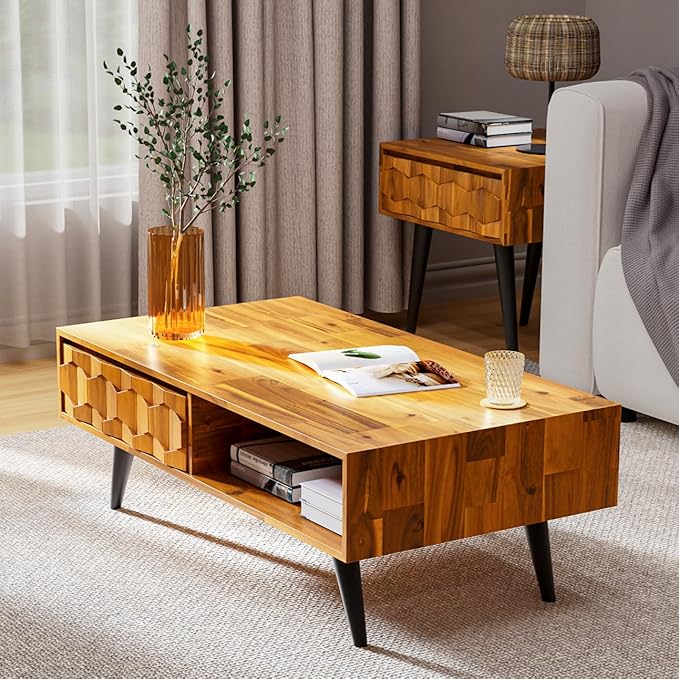 Bme Georgina Solid Wood Coffee Tables & Nightstands with Geometric Details, 2 Drawers