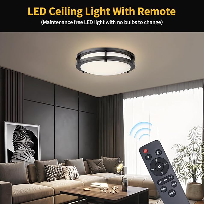 Flush Mount Ceiling Light with Remote: 2 Pack 16 Inch Lights fixture, 3000K-4500K-6000K Adjustable 3 Color Temperature, Dimmable Lighting Fixtures for Kitchen Bedroom Hardwired Installation (Black)