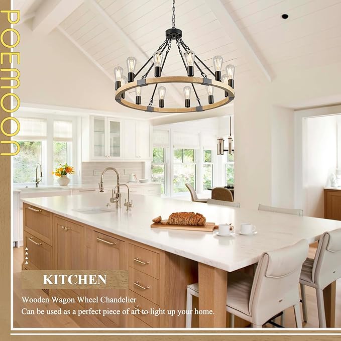 31.5'' 12 Lights Wooden Wagon Wheel Chandelier Natural Farmhouse Wood Round Chandelier Black Rustic Light Fixture for Living Dining Room Entryway Foyer Kitchen