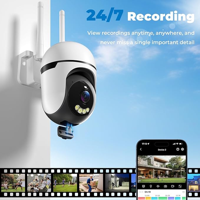 Security Camera Outdoor Wired,2K Security Cameras Outdoor,2.4G & 5GHz WiFi Surveillance Camera Home/Dome,IP66 Waterproof,360° PTZ Auto Tracking,Color Night Vision/AI Alert