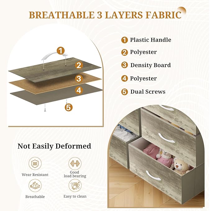 Dresser with 9 Drawers for Bedroom, Fabric Clothes Cabinet for Closet, Anti-Tip Storage Dresser with Metal Frame for Living Room, Entryway, Dorm, Greige Oak