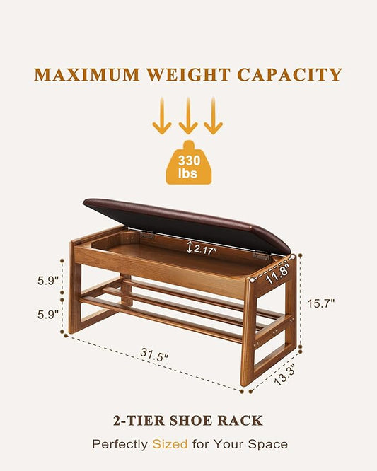 Shoe Rack Bench Seat Rubberwood 2-Tier Wooden Storage Bench 550lbs Compact Mid-Century Modern Design for Entryway, Hallway, Closet, Front Door Entrance, Foyer