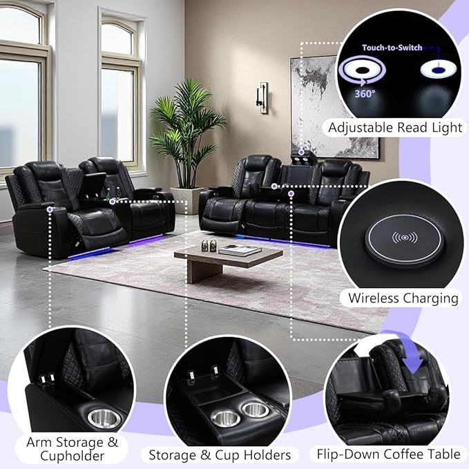 Leather Power Recliner Loveseat with LED Lights, Home Theater Reclining Sofa Loveseat, 2 Seater Reclining Couch with Arm Storage/Cup Holders/USB Port for Living Room/Bedroom/Office