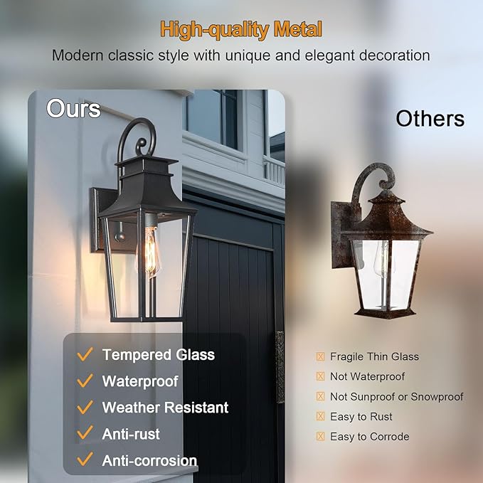 ALVIME 19 Inch Large Outdoor Wall Sconce, Matte Black Exterior Light Fixture, Waterproof Outside Lantern for House Front Door Entryway Porch Garage, E26 Base High Strength Clear Glass
