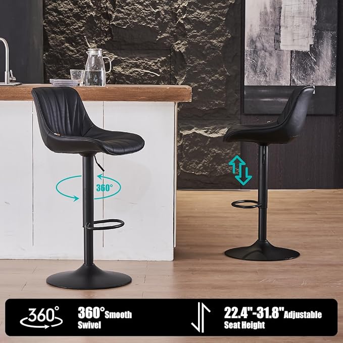 Kidol & Shellder Bar Stools Set of 2 Black Adjustable Swivel Counter Height Barstools Upholstered Modern PU Leather Bar Chairs Stools for Kitchen Island
