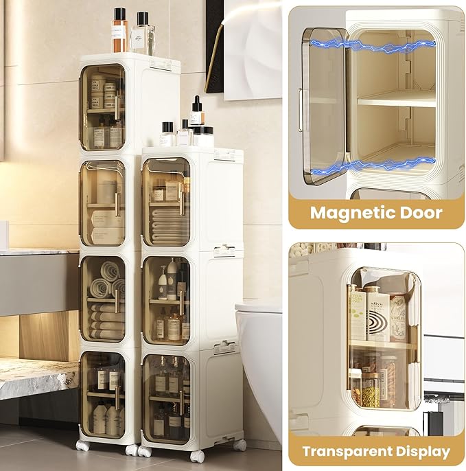 4 Tier Slim Bathroom Storage Cabinet, Narrow Organizer with Wheels and Toilet Paper Holder, Waterproof, No Assembly Required, Perfect for Small Spaces in Bathroom, Kitchen and Living Room