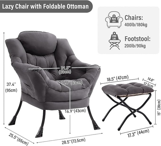 Lazy Chair with Ottoman, Modern Chair with Folding Footrest, Dark Grey Accent Chair, Comfortable Reading Chair, Oversized Armchairs for Bedroom, Study, Living Room, Courtyard
