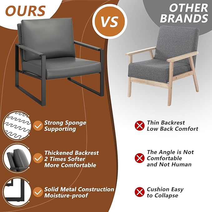 AWQM Leather Accent Chair Set of 2 Sofa Chair Extra-Thick Padded Backrest Seat Cushion Single Sofa Bedroom, Black Metal Frame, 105 Degree Slant Back-Grey（Set of 2）