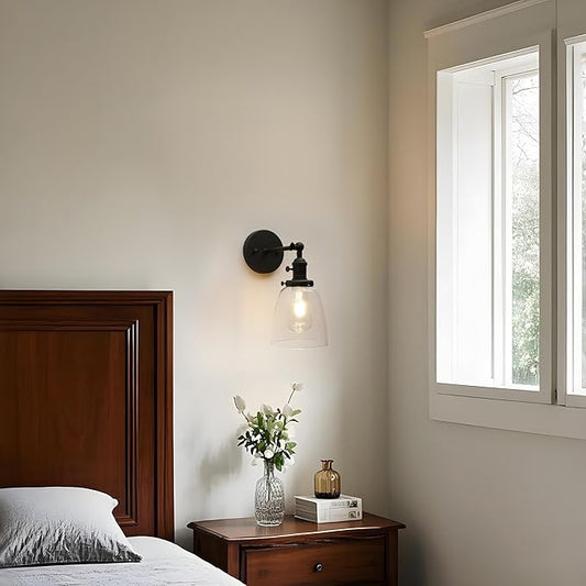 Pathson Vintage Hardwired Wall Sconce with On Off Switch, Clear Glass Black Vanity Light, Indoor Wall Lighting Fixtures for Bathroom Bedside Garage Porch Cafe Club