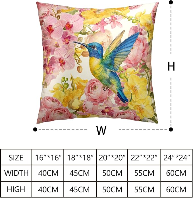 Spring Pillow Covers 20x20 Set of 2 Hummingbird Throw Pillow Covers Pink Yellow Moth Orchid Buttercup Floral Pillow Case for Home Decor Couch Sofa