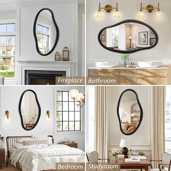 JJUUYOU Irregular Mirror Black Asymmetrical Wooden Wall Mirror 34"x22" Large Home Decorative Wall Mounted Vanity Hanging Mirrors for Bathroom Dressing Room Living Room