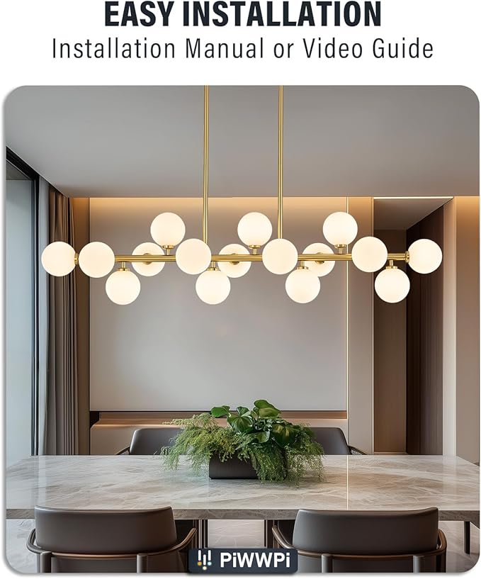 55" Long Brass Gold Chandeliers for Dining Room Kitchen Island, Large Globe Sputnik Linear Chandelier, 16 Lights Mid Century Modern Light Fixture Over Table, Milk White Bubble, GC-08