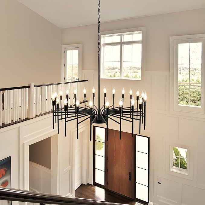 Black Chandelier 24 Light Large Modern Farmhouse Chandeliers for Dining Room Light Fixture, 40" Round Candle Large Chandeliers for High Ceilings Living Room Foyer Entryway