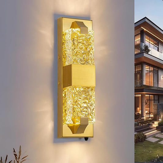 Dusk to Dawn Outdoor Lighting 15.6'' Porch Lights Outdoor IP65 Waterproof Gold Exterior Lighting Fixtures 12W LED Ripple Crystal Glass Modern Outside Light for House Hallway Doorway Patio 1PCS