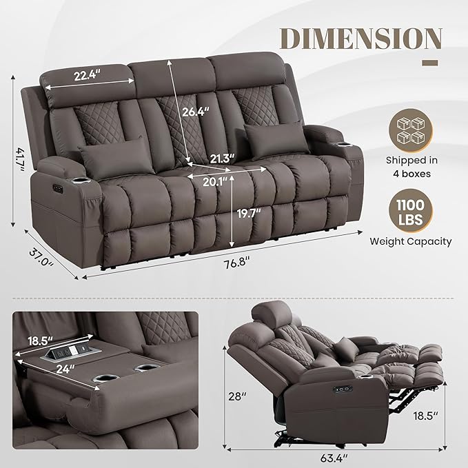 Zero Wall Hugger Power Reclining Sofa Set with Adjustable Headrest, Electric Reclining Couch with Drop-Down Table,Outlets, Power Loveseat Recliner Sofa for Living Room | Cat-Proof Leather