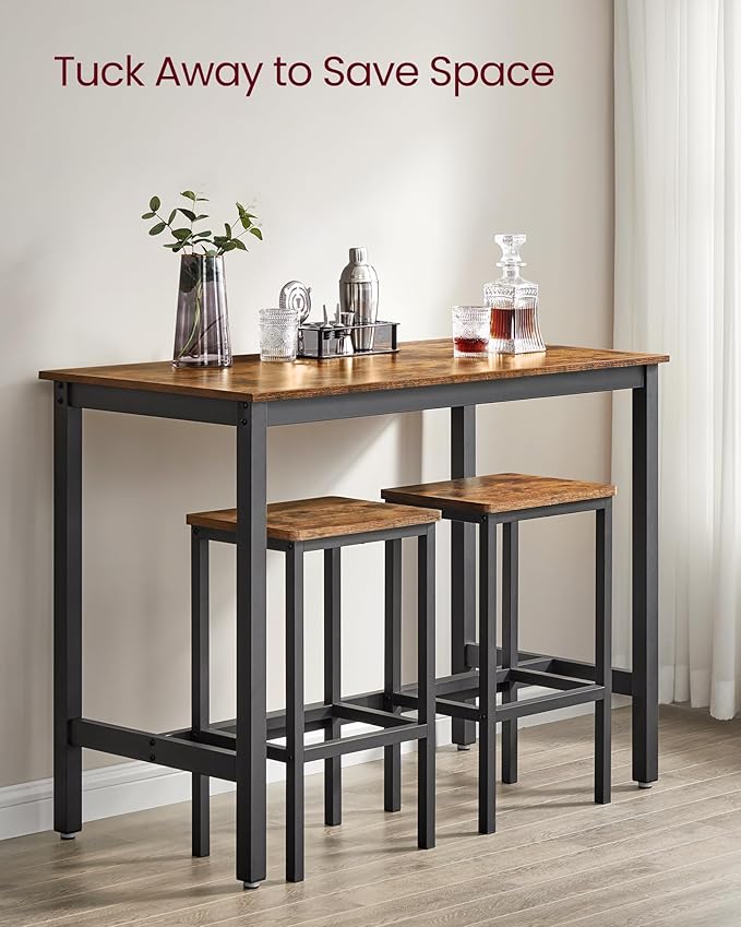 VASAGLE Bar Table and Chairs Set, Rectangular Table with 2 Stools, Dining Pub Set for 2, Space Saving for Kitchen Breakfast, Living Room, Party Room, Rustic Brown and Black ULBT15X