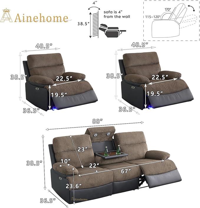 A Ainehome 3 Piece Power Recliner Sofa Set with LED, Power Reclining Sofa and Chair Set, Corduroy Couches Sectional Recliner Chair for Living Room with USB Port/Storage Console