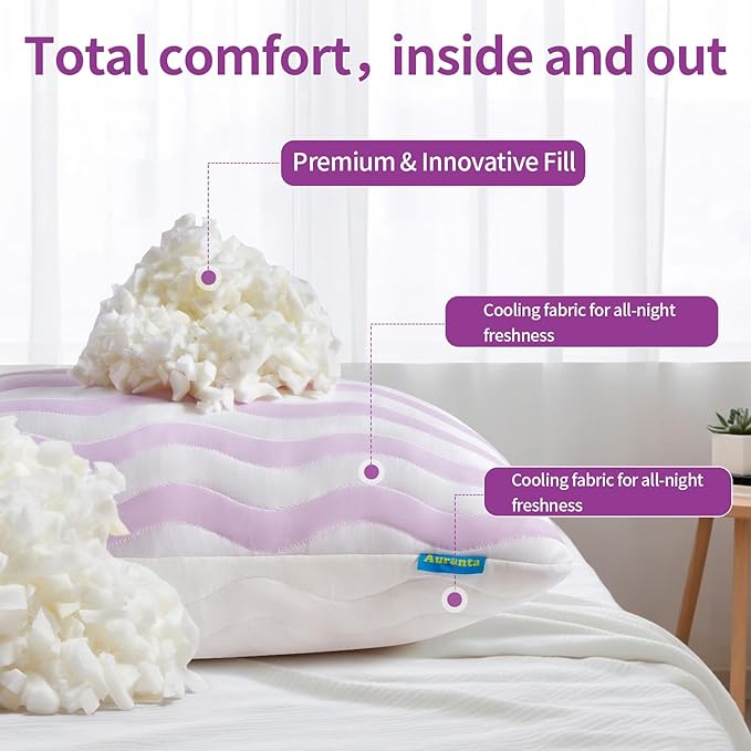 Pillows Queen Size Set of 2 - Cooling Shredded Memory Foam Bed Pillows for Sleeping, Adjustable Loft for Side, Back, and Stomach Sleepers, Medium Firm Support with Washable Cover, Mauve