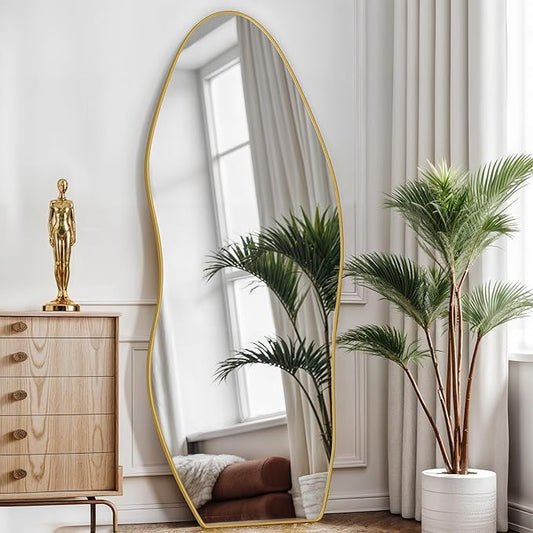 Antok Full Length Mirror, 68"x26" Floor Mirror with Stand, Standing Hanging Leaning Irregular Mirrors for Bedroom Living Room Entryway, Wavy Shaped, Golden