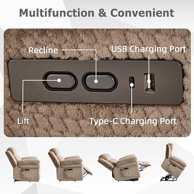 CANMOV 46" Wide Oversized Power Lift Recliner Chair for Elderly, Extra Large Electric Lift Recliners for Big and Tall, Power Recliner Chair with Massage&Heating, USB and Type-C Ports, Light Brown