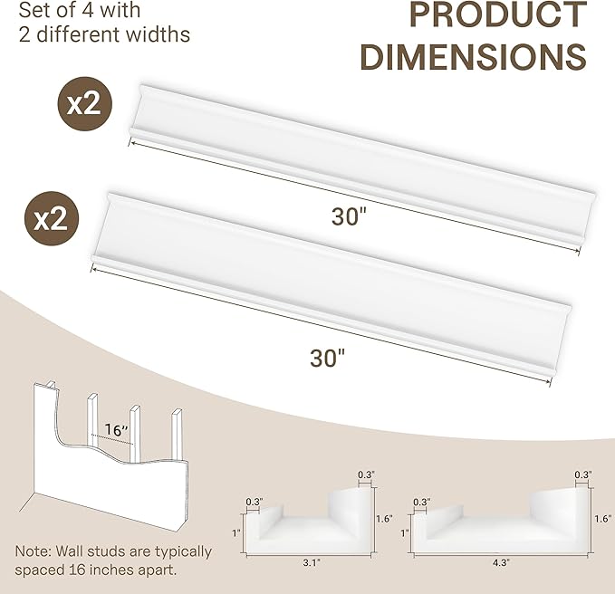 Fun Memories Picture Ledge Shelf - 30 Inches Floating Shelves Set of 4 - Floating Shelves with Lip for Storage - Wood Bookshelf Wall Mounted for Bedroom - Living Room - Kitchen - White Color